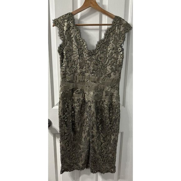 Tadashi Shoji Sequined Lace Smoked Pearl Grey Bronze Waist Detail Dress 8 Formal - Picture 3 of 9